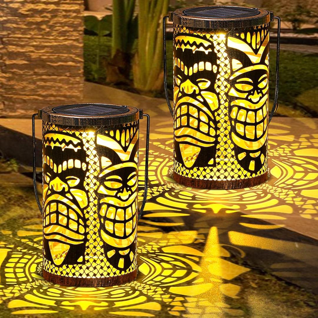 Glooglitter 2 Pack Tiki Solar Lanterns Tiki Bar Light Decor Hawaiian Tropical Luau Party Decorations Outdoor Waterproof Hanging Lantern Metal Hollowed Out Decor for Tropical Aloha Garden Patio Lawn