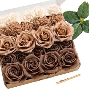Ling's moment Artificial Flowers Fake Silk Roses Faux Foam Rose Combo for DIY Wedding Bouquets Centerpieces Arrangements Bridal Shower Party Home Decorations, Brown & Cream