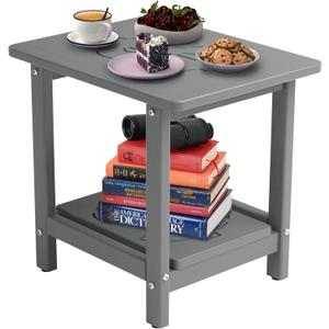 18.9x15x17.9in HDPE Outdoor Side Table, Weatherproof Small Outdoor Table for Adirondack, Patio, Porch, Balcony, Poolside (2-Tier, Grey)