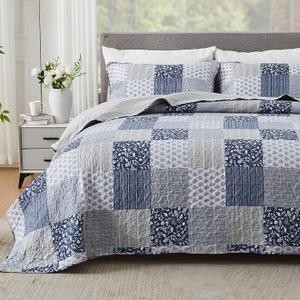 Cozyholy Navy Blue Gray Alaskan King Quilt Set 132x120, 3 Piece Quilted Bedspread Set Patchwork Plaid Bedding Comforter Set Reversible Lightweight Microfiber Bed Spread Coverlet Set for All Seasons