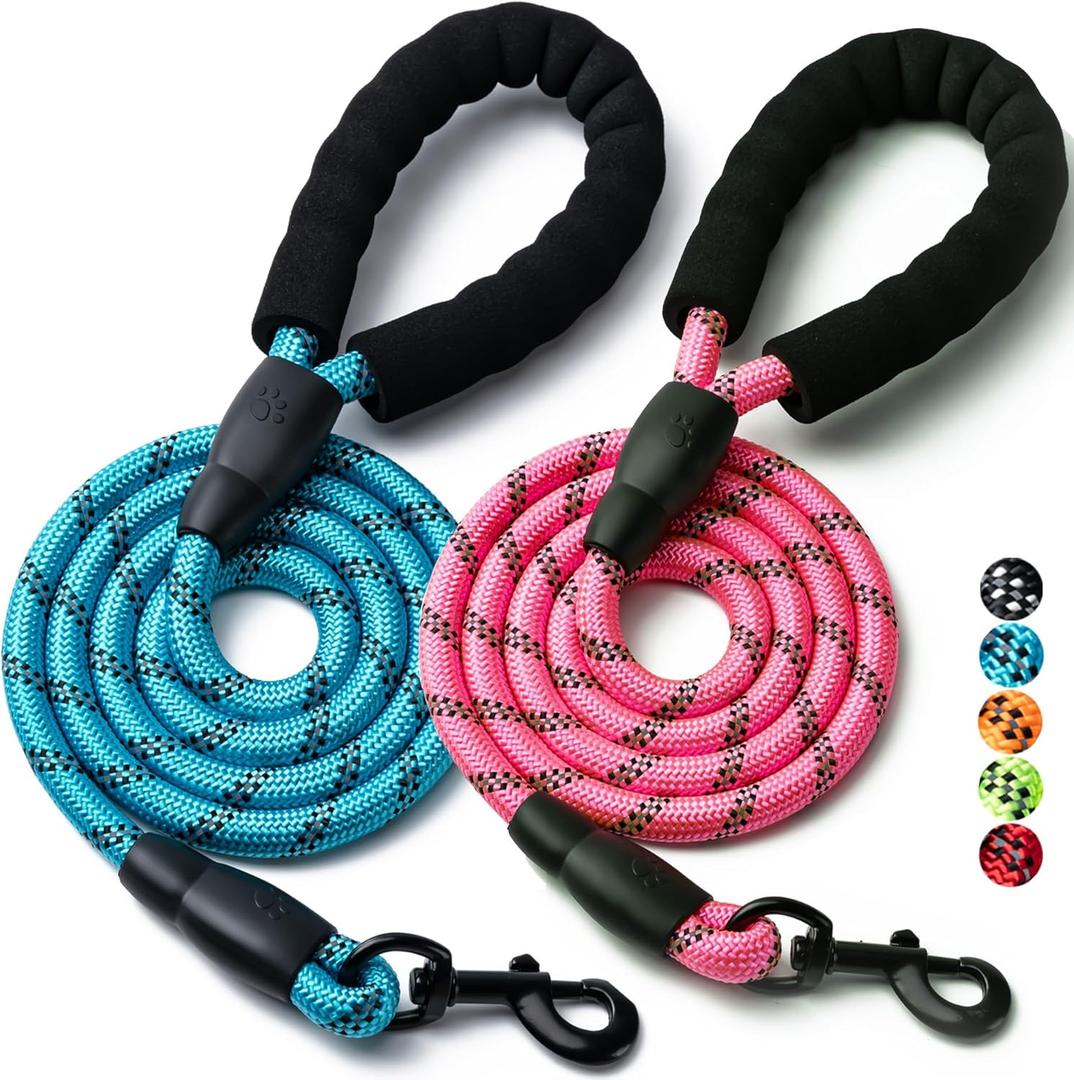 2 Pack Dog Leash, 4/5//6 FT Heavy Duty Nylon Rope Pet Leashes with Comfortable Padded Handle, Reflective Dog Leashes for Small Medium and Large Dogs (6FT-1/2,Blue/Pink)