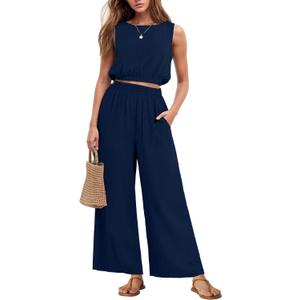 GRECERELLE Two Piece Sets for Women Sleeveless Crop Top Wide Leg Pants Sweat Set for Women Tracksuits 2026 Summer (M)