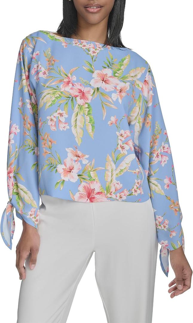 Halston Women's Long Tie Sleeve Floral Printed Boat Neck Blouse (Blue, L)