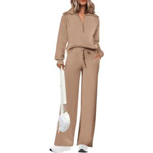 PRETTYGARDEN Women's 2 Piece Outfits Casual Lapel Half Zip Sweatshirts and Wide Leg Pants Tracksuit Sets (Medium, Khaki)