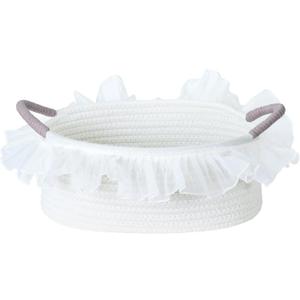 Cotton Rope Gift Basket with Handle White Woven Storage Basket with Organza Lace, Decorative Bin for Baby Shower, Housewarming, Nursery, Toys, Towels, Baby Accessories, Easter, Holiday Gifts (Oval - 12"x8"x5")