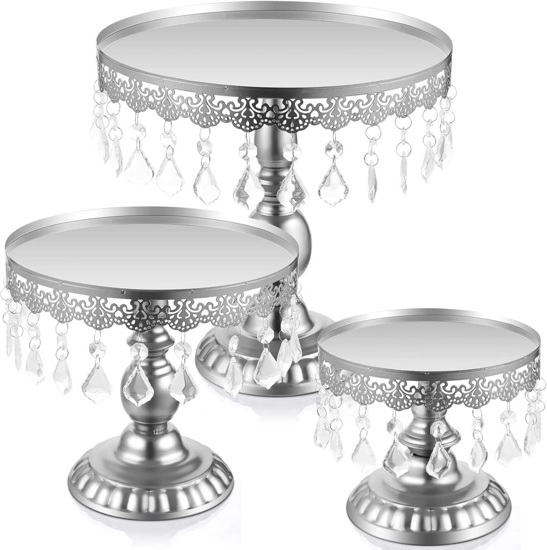 Eaasty 3 Pcs Cake Stand Set Round Cake Stand with Crystal Bling Pendants Dessert Table Display Set for Wedding Event Birthday Party Dessert Table(Silver)