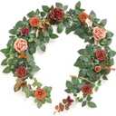 Ling's moment 5FT Terracotta Artificial Flower Garland Rose Eucalyptus Leaves Fall Floral Garland Burnt Orange Arch Flowers Vine for Wedding Party Backdrop Decor Mantel Table Centerpieces Decorations