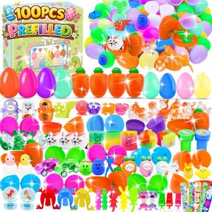 100 Pack Prefilled Easter Eggs with Toys Inside, Plastic Basket Stuffers Fillers Party Favors Supplies Hunt Games Save Time Gifts