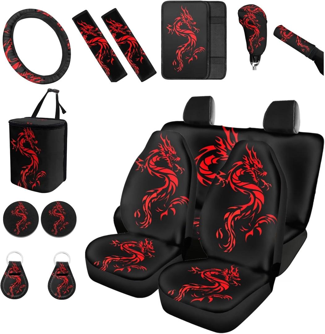 Forchrinse Red Dragon Car Seat Covers Full Set Automotive Accessories Set with 15inch Steering Wheel Cover Shoulder Pad Armrest Pad  Can Cup Coaster Keychain Protector for Men