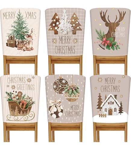 6 Pcs Christmas Chair Cover Set Stretch Dining Chair Back Covers Vintage Christmas Santa Claus Elk Slipcovers Farmhouse Removable Elastic Seat Protector for Xmas Party Kitchen Home Decor