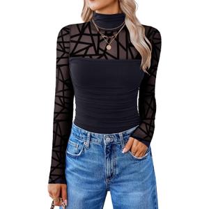 Avidlove Women Long Sleeve Bodysuit Turtle Neck Shapewear Body Suits Mesh One Piece Leotard Shirt Going Out Tops Fall Outfits (X-Small, Geometric Pattern)