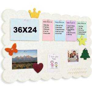 Scalloped Bulletin Board, 36x24 Scalloped Felt Bulletin Board, 3' by 2' Trifold Foldable Picture Display with 20 Pins & 5 Cute Decors - Beige