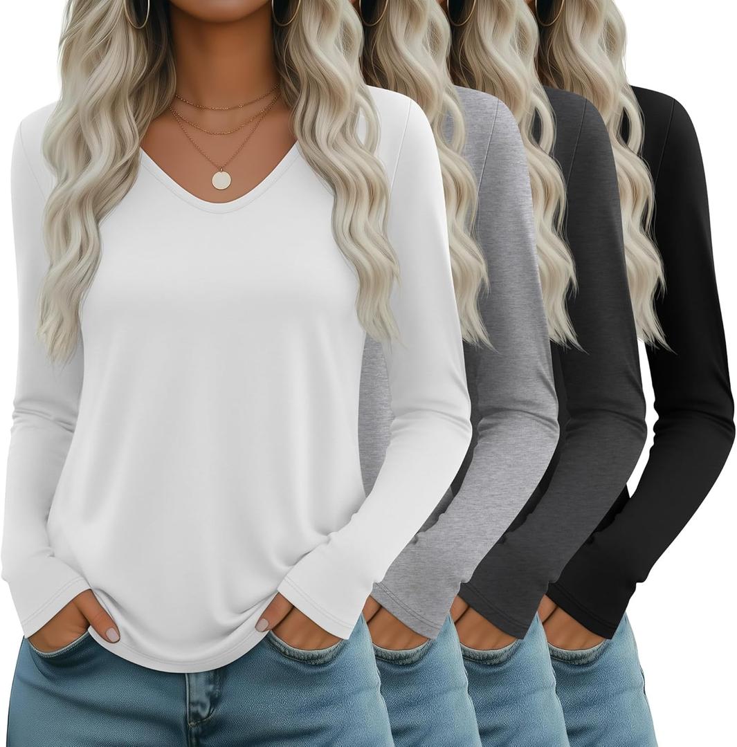Neer 4 Pack Women's Long Sleeve T Shirts V Neck Tops Casual Loose Fit Tunic Tops Trendy Basic Tees Fall Clothes (Black, Dark Gray, Light Gray, White, XXL)