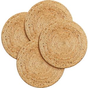 Hausattire Jute Braided Placemats 14 Inches Round Set of 4 Reversible Handwoven Boho Vintage Placemats for Kitchen Dining Tables|BBQ's Farmhouse Easter Decor Indoor & Outdoor Parties|Natural