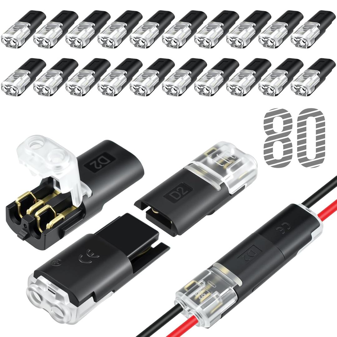 Aifeier ET 80 Pcs Double-Wire Plug-in Connector | Low Voltage Wire Connector | Quick Clip Fasteners with Locking Buckle | Led Light Strip Connectors 2 Pin | No Wire Stripping Cutting