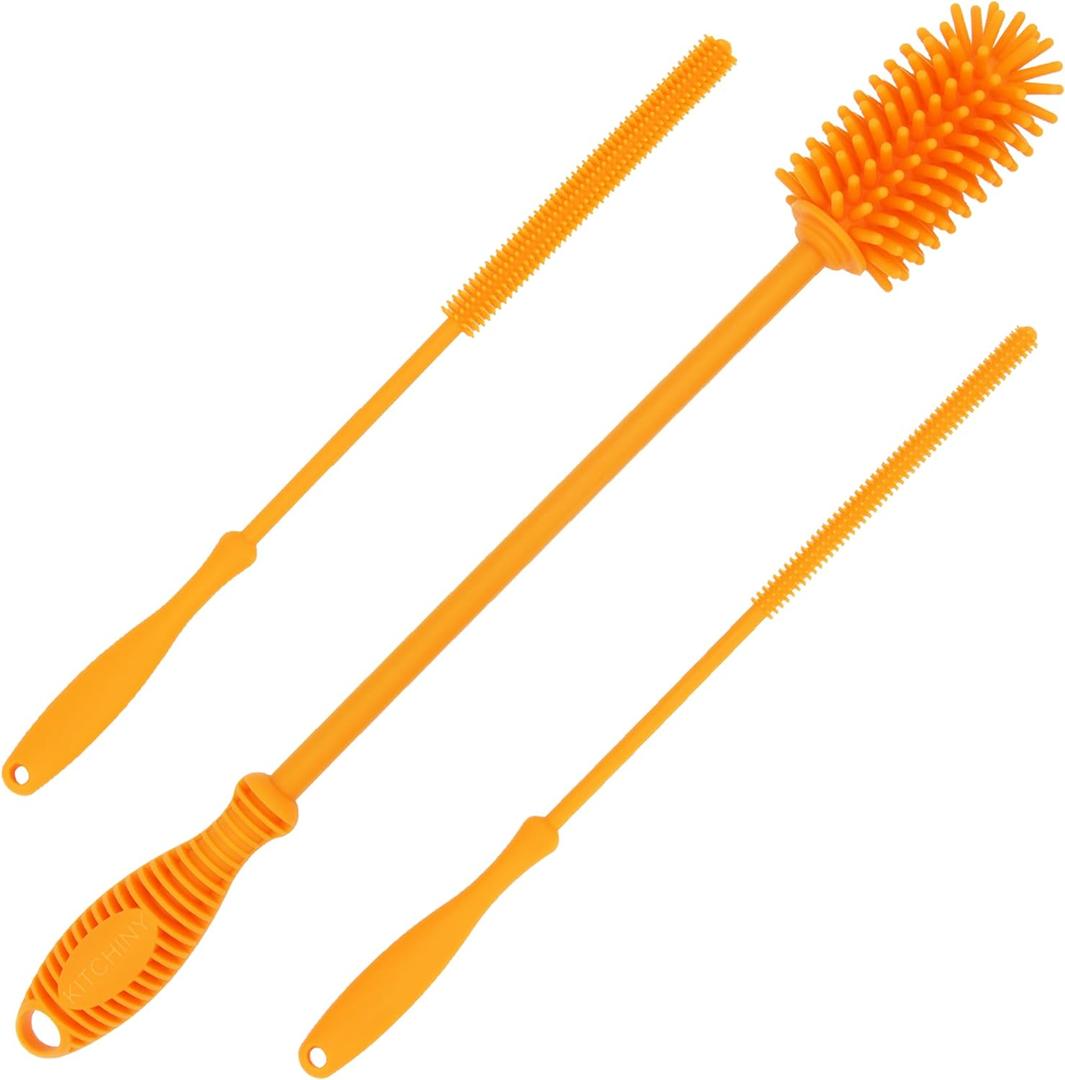 12.5" Silicone Bottle Brush & Straw Cleaner Brush Set | Water Bottle Cleaner for Hydro Flasks, Tumblers, Glassware, Vases and Narrow Neck Containers (Orange)