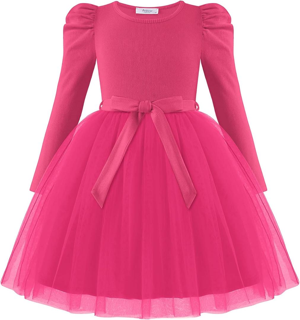 Arshiner Toddler Girls Tutu Dress Gigot Long Sleeves Fall Winter Belted Princess Party Tulle Dresses 3-8Y