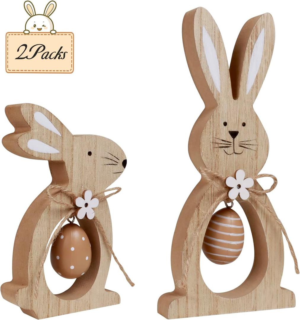 Antizz 2Pcs Easter Decorations for The Home Farmhouse Rustic Wooden Bunny with Egg Tiered Tray Happy Spring Decoration for Indoor Home Party Tabletop Decoration Easter Gifts (Brown)