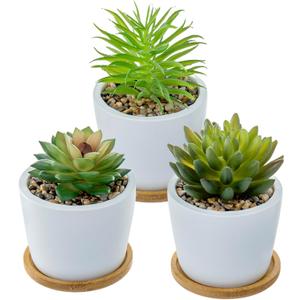 MyGift Assorted Artificial Succulent Plants - Decorative Fake Desert Plants with Pebble Fillers in White Ceramic Pots with Bamboo Saucers, Set of 3 (Round Assortment 3)