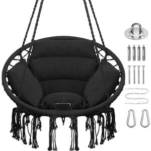 Goutime Hammock Chair with Hanging Hardware Kit and Back Cushions,Macrame Boho Swing Chairs for Indoor,Outdoor,Bedroom,Patio (Black), 55"L x 30"W