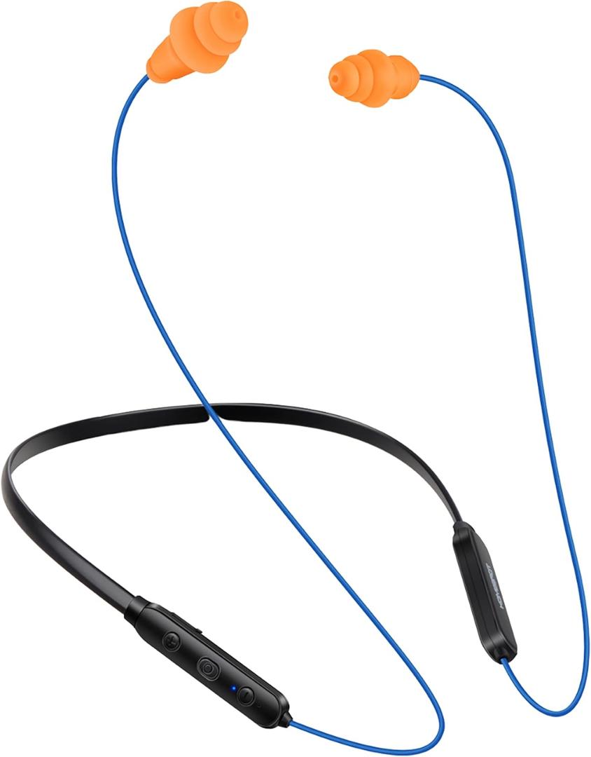 HomeSpot Noise Reduction Wireless Neckband Headphones with Qualcomm aptX HD, 27dB NRR, CVC Noise Cancelling Mic & Controls and 20H Playtime for Work Safety OSHA Compliant  Blue Wire Orange Earbuds