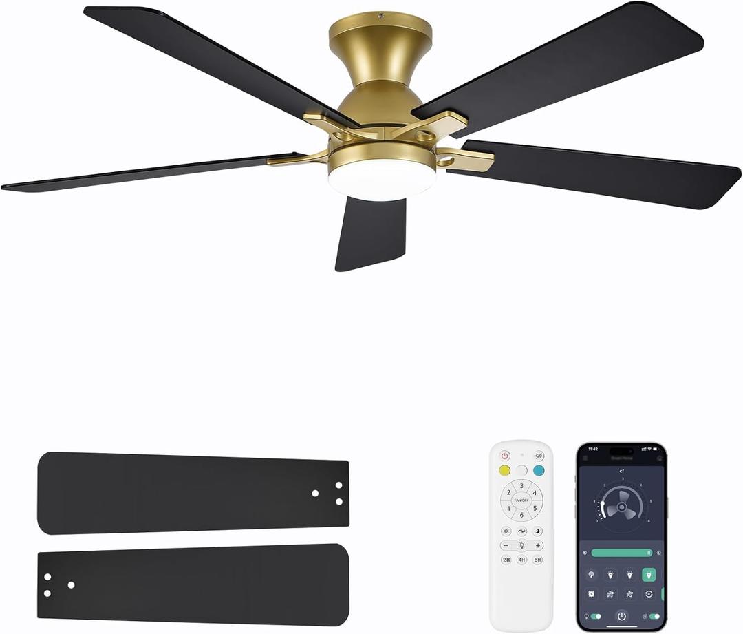 Ceiling Fans with Lights and Remote, 52 Inch Ceiling Fan with Light, Low Profile Reversible Gold Fandelier Ceiling Fan, Dimmable LED, Flush Mount, Quiet DC Motor, for Bedroom Kitchen