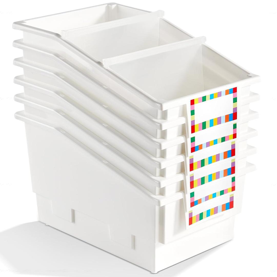 6 Pack Picture Book Bins with Dividers Plastic Book Holders with Labels Stackable Classroom Organization Bins Magazine File Binder Holder Storage Container for Classroom Library Home Office(White)
