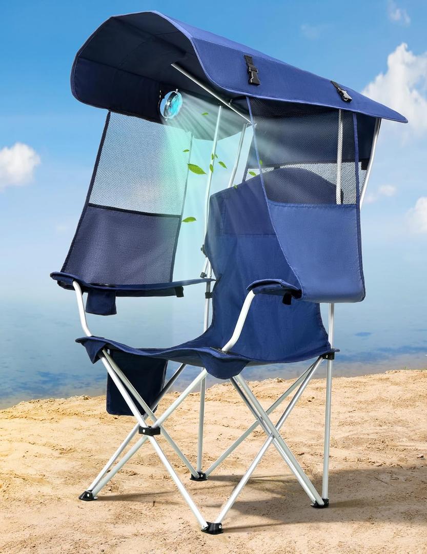 Canopy Beach Chair with Fan, Beach Chair with Canopy Shade, Cup Holder, Side Pocket for Outdoors Sports, Beach, Camping, Tailgates, Fishing - Support 330 LBS