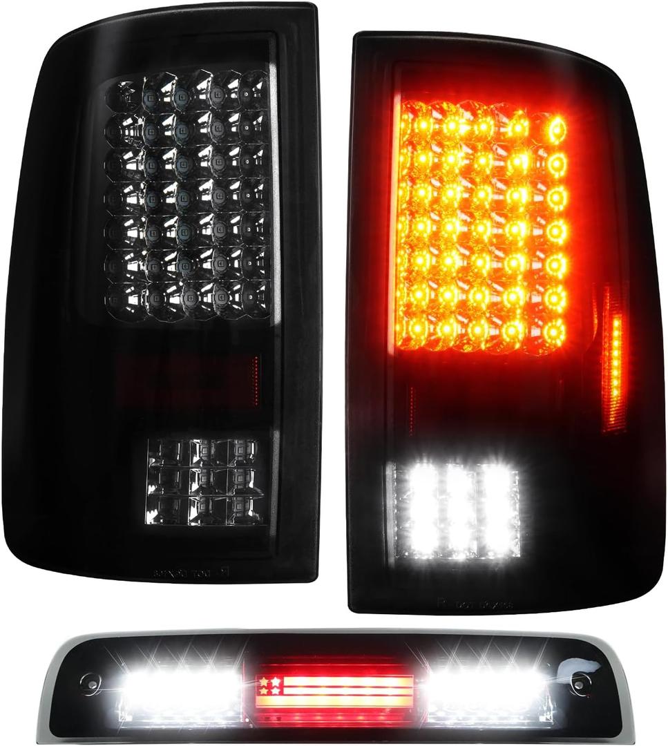 (3 Pack) Tail Light Assembly + 3rd Brake Light For Dodge Ram 1500 2009-2018 for Ram 2500 3500 2010-2018 Only Fit factory Halogen/incandescent and Without Projector Headlights Models LED Smoke Lens