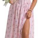 KUTUMAI Floral Corset Midi Dress Flowy Slit Summer Spring Wedding Guest Dresses for Women Sundress with Pockets, Size L