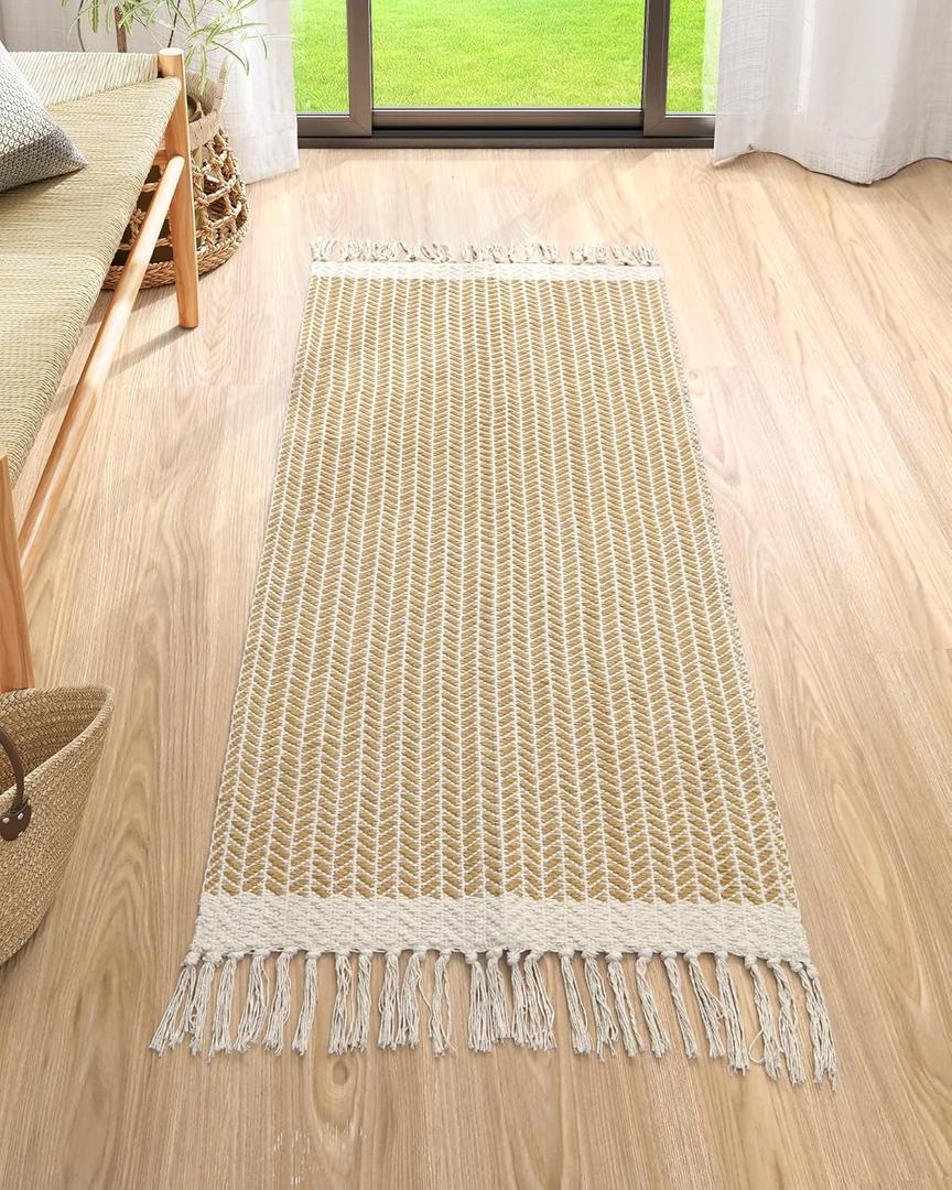 Lahome Belle Boho Kitchen Runner, 2x4.3 Bathroom Runner Rug Lightweight Entryway Rugs Woven Cotton Throw Mat with Tassels, Farmhouse Non Shedding Washable Low Pile Runners for Bedroom Doorway, Khaki