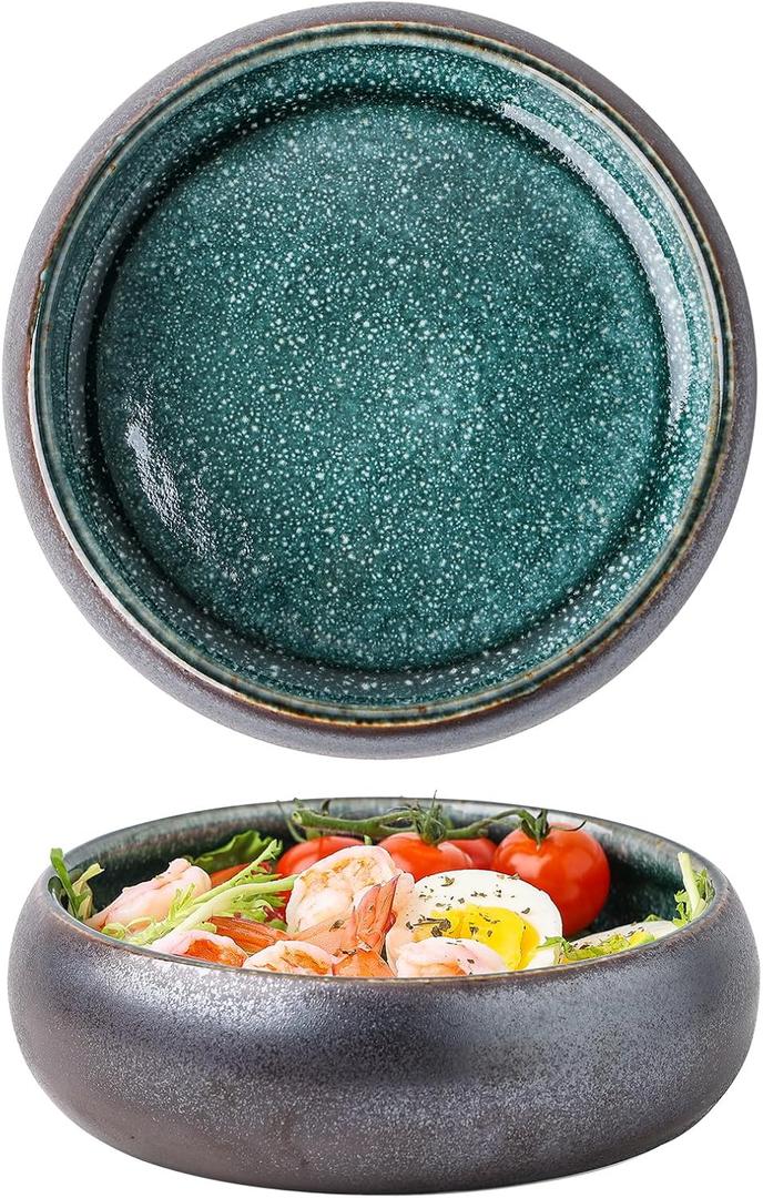 Uaral Black Salad Bowl Set 18 Ounce Ceramic Bowls for Appetizer Pasta,6.5inch Serving Bowls,Set of 2(Black Texture&Blue)