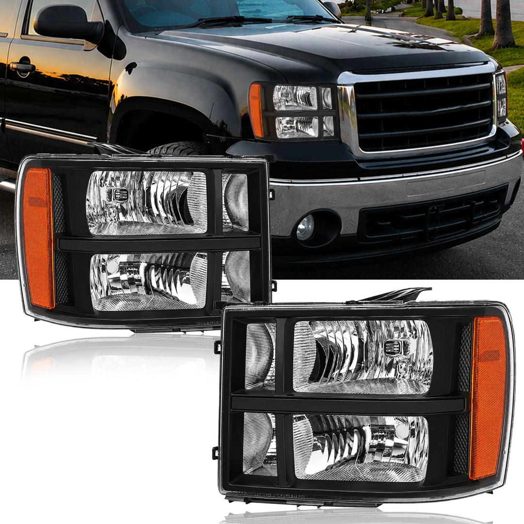 Fullux LED DRL Headlights for 2007-2013 GMC Sierra 1500 Headlights Assembly No Classic Fit 2007-2014 Sierra 2500 HD 3500 HD Chrome Housing Amber Reflector Driver & Passenger Side Plug & Play