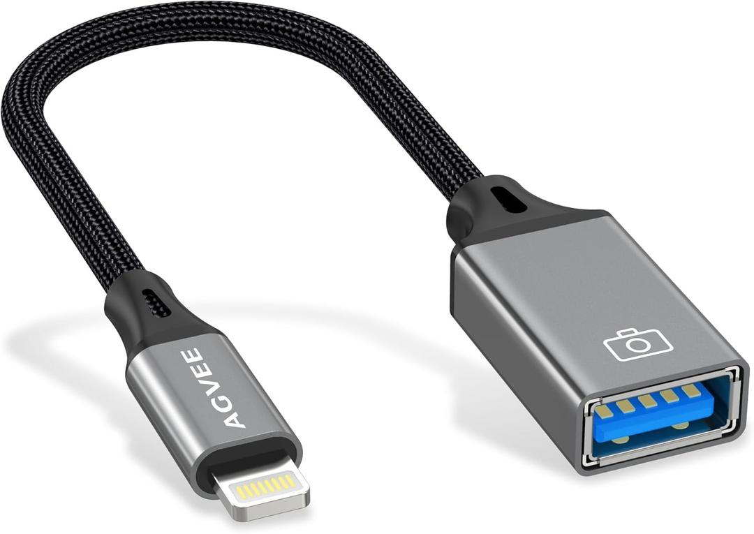 AGVEE 4 inch Lightning to USB Female Camera Adapter, OTG Cable for iPhone iPad to Connect Card Reader, USB Flash Drive, MIDI, Keyboard, Mouse, Hubs, Plug & Play, Dark Gray