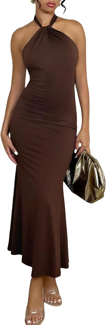 SOLY HUX Women's Bodycon Maxi Dress Halter Neck Sleeveless Backless Twist Party Club Going Out Long Dresses (Brown, S)