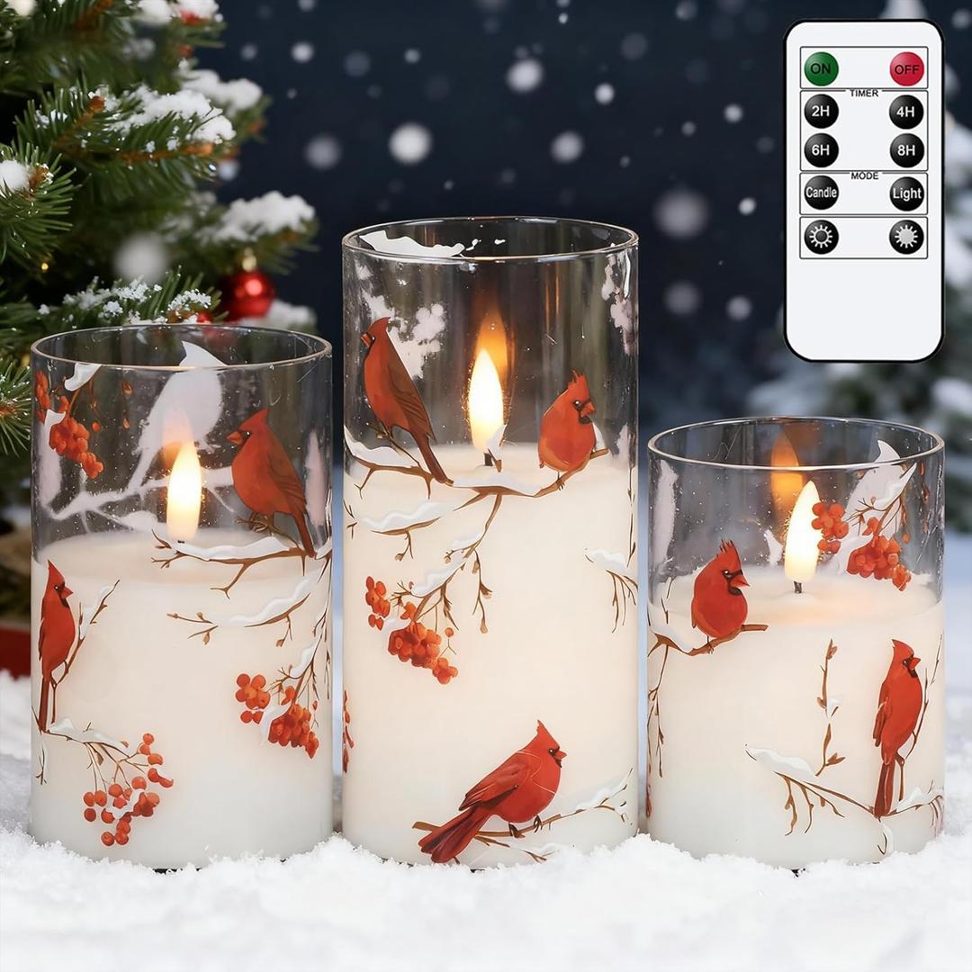 Cardinal Theme Flameless Candles with Remote Timer, LED Pillar Candles, Real Wax & Glass, Battery Operated 3D Wick Flickering Candles for Home Festival Dcor Gifts(Pack of 3)