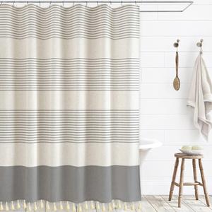 Boho Shower Curtains for Bathroom with Tassels Grey Farmhouse Striped Shower Curtain Beige Rustic Linen 72x72 Inches