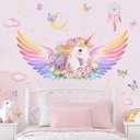 Unicorn Wall Decals for Girls Room - Fantastic Unicorn Wing Flower Vinyl Wall Stickers for Kids Baby Nursery Girls Bedroom Decor