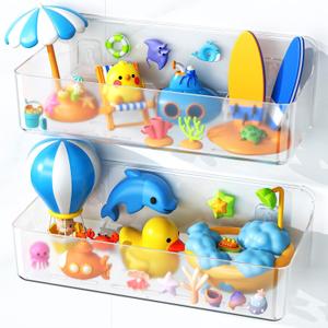 Nieifi Bath Toy Storage, Large Capacity Bath Toy Organizer, Adhesive Shower Caddy for Baby Bathroom Bathtub, Clear (2 Large)