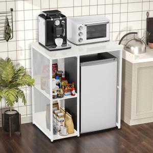 3-Tier Coffee Bar Cabinet with Mini Fridge Space, Simple Style Microwave Stand Bakers Rack, Utility Compact Refrigerator Storage Organizer for Home Kitchen Dorm, White