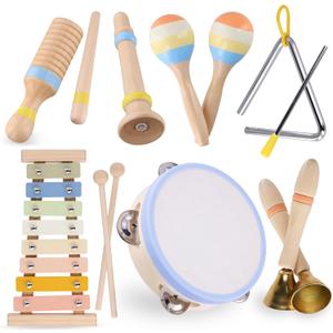 Montessori Wooden Musical Instruments for Toddlers 1-3, Baby Music Toy Set with Xylophone, Tambourine, Triangle, Clarinet, Maracas, Natural Sensory Educational Toys for Boys and Girls