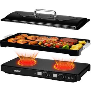 SINCHO 2-Burner Induction Cooktop with Removable Griddle, 1800W Portable Induction Stove, Non-Stick Surface, 9 Power Levels & 99-Min Timer
