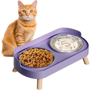 Elevated Cat Bowl, Raised Cat Food and Water Bowl Set for Indoor Cats, Splash Proof with 3 Stainless Steel Pet Food Bowls for Cats and Puppies, Whisker Fatigue and Dishwasher Safe - Purple