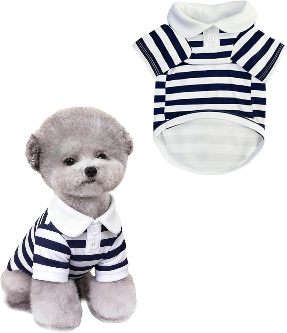 Striped Dog Shirts for Small Medium Dogs - Summer Mellow Collared Polo T Shirt Puppy Cotton Clothes Cats for Cute Boy Girl Pets, Navy Blue, Small
