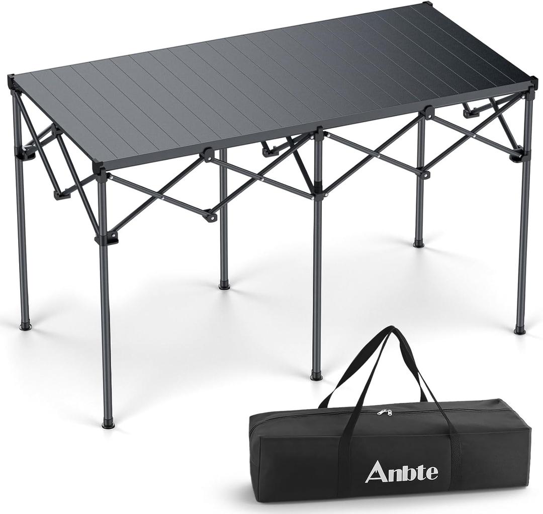 Anbte Heavy-Duty Camping Table, 48 x 23.6 Large Roll Up Camping Table for 6-8 People Support 264lbs with Carry Bag, Waterproof, Portable, for Backyard BBQ Tailgating Picnic Party Indoor, Black