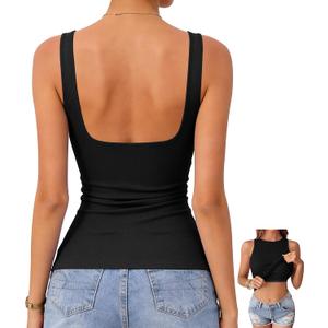 OwnTime Women's Tank Tops with Built-in Bra Open Back Ribbed Sleeveless Boat Neck Slim Fit Summer Top (Black, M)