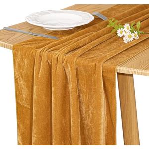 JALANCY Velvet Table Runner 20 x 120 Inches 10ft Luxurious Thick Soft Velvet Christmas Thanksgiving Wedding Reception Table Runner for Party Reception Decorations(Gold, 1 Pack)