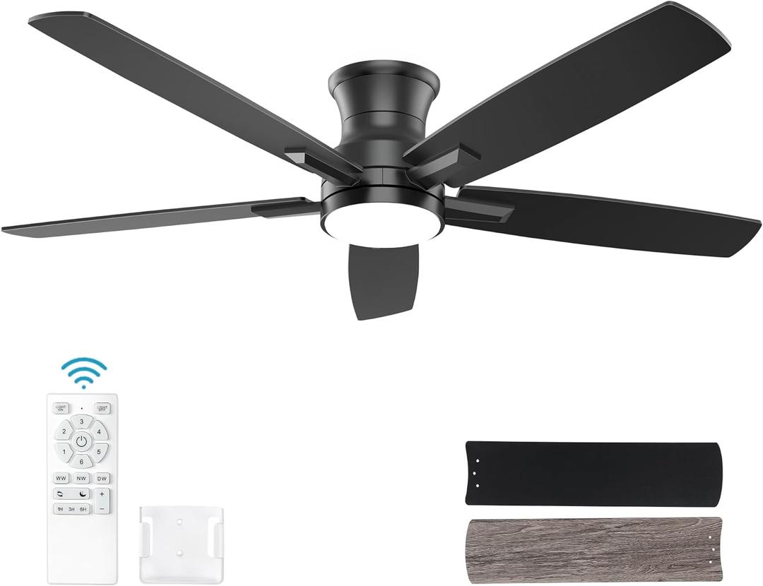 YUHAO 52 Inch Flush Mount Black Ceiling Fan with Light and Remote Control.Noiseless,Dimmable,3CCT,6 Speeds Reversible, Low Profile DC Ceiling Fans for Indoor or Covered Outdoor Use,ETL Listed