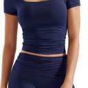 YEOREO Lounge Sets for Women 2 Piece Short Sleeve Square Neck Tops Casual Outfits Fold Over Shorts Workout Tracksuit (Large, Navy)