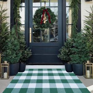 Christmas Outdoor Mat Buffalo Plaid Christmas Decor Rug Cotton Hand-Woven Layered Door Mats Washable Carpet for Front Porch, Kitchen, Farmhouse, Entryway (2'4" x 3'7" (Rectangular))